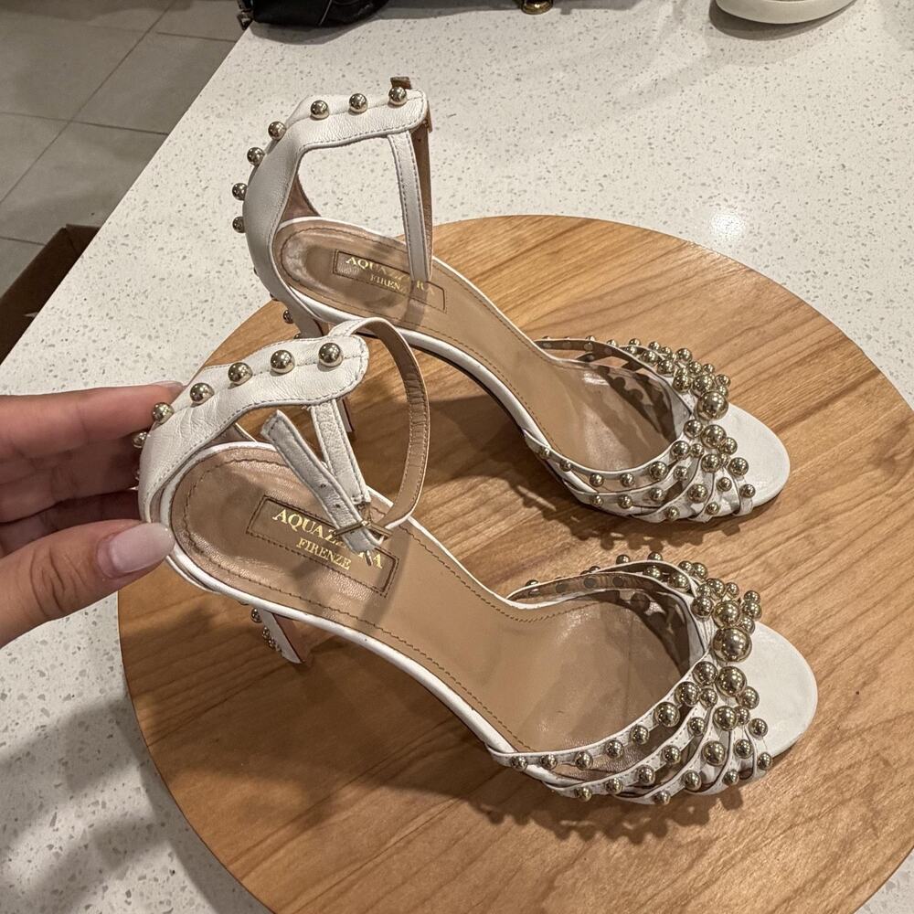 Aquazzura Heels 8.5 Leather Studded Accents Sandals White Party Wedding Ceremony